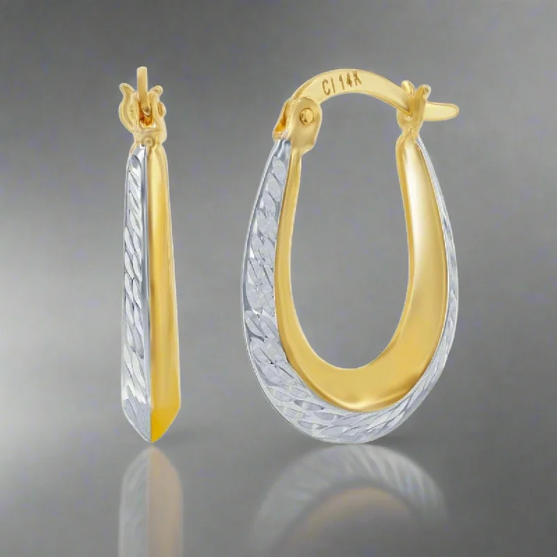 Hoop earrings with tortoiseshell designs for a chic and classic style-14K Two-Tone Dia Cut Oval Hoop Earrings