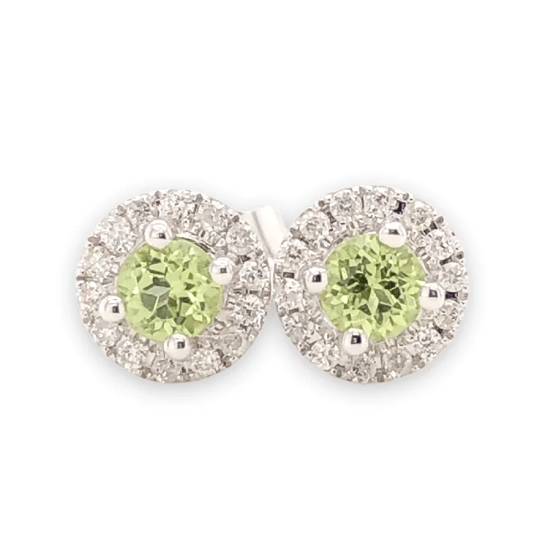 Hoop earrings with cut-out designs for a creative and lightweight effect-14K W Gold 0.10cttw Diamond 0.30cttw Peridot Round Halo Earrings