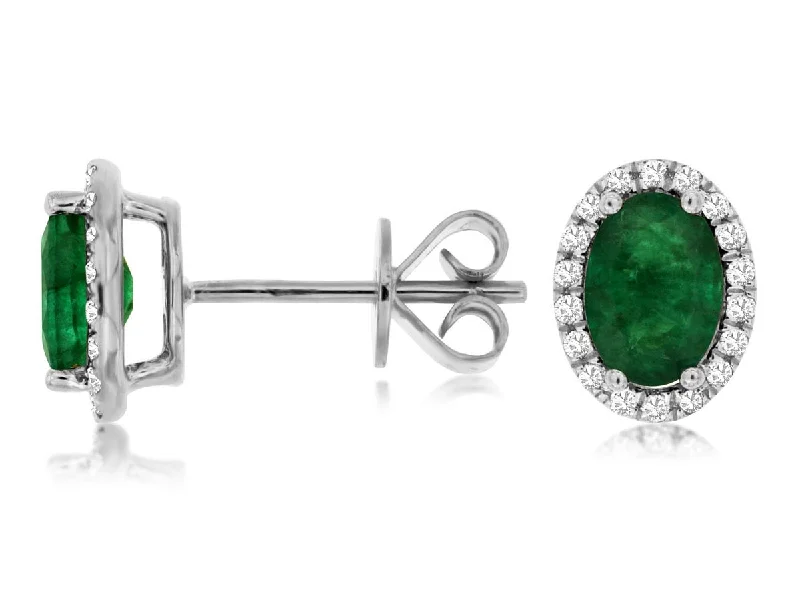 Hoop earrings with a matte finish for a sleek and sophisticated appearance-14K W Gold 0.19ct Diamond and 1.40ct Emerald Halo Earrings