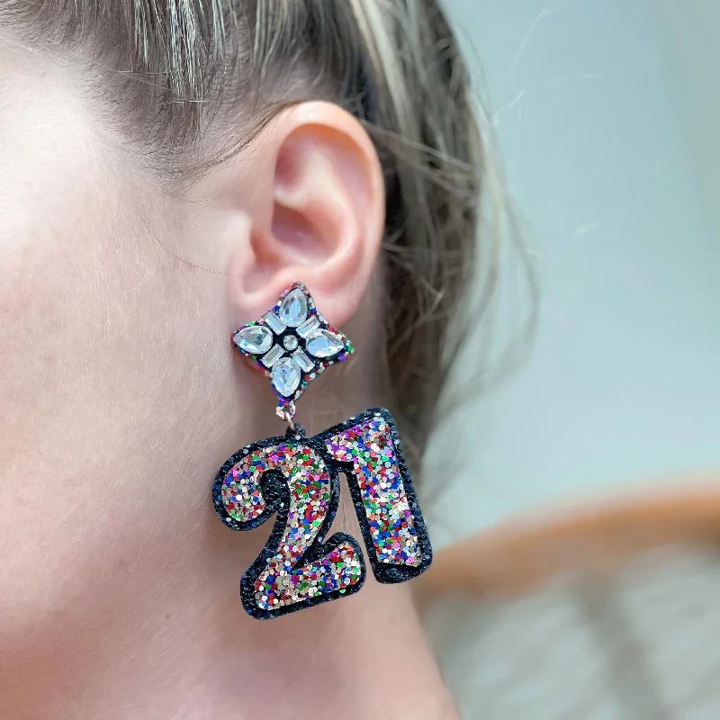 Best hoop earrings with minimalist designs for a clean and modern aesthetic-21st Birthday Glitter & Rhinestone Dangle Earrings