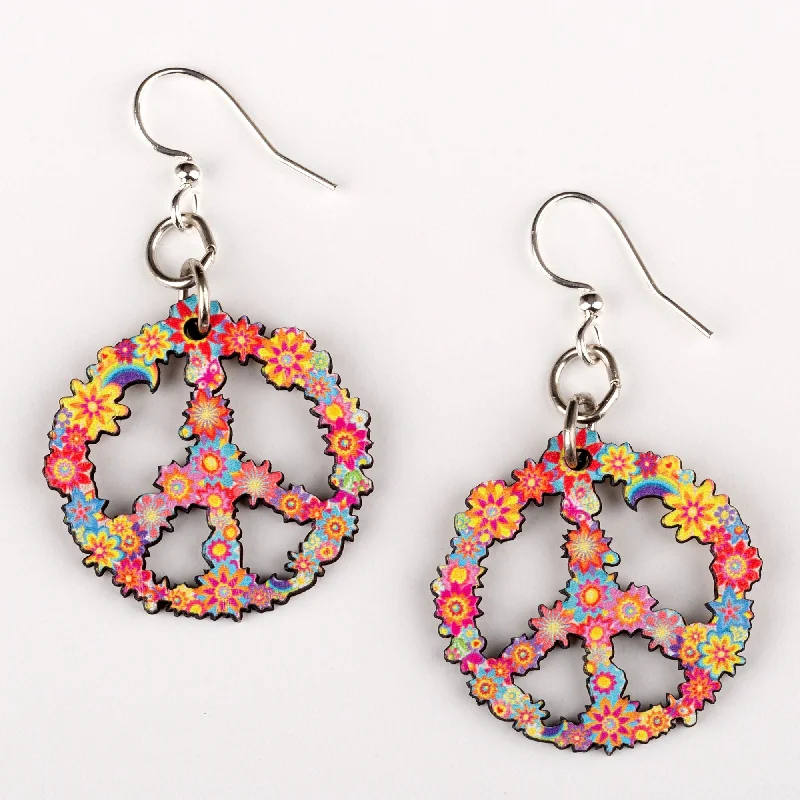 Hoop earrings with abstract wirework for an artistic, unique look-Blossom Wooden Peace Sign Earrings