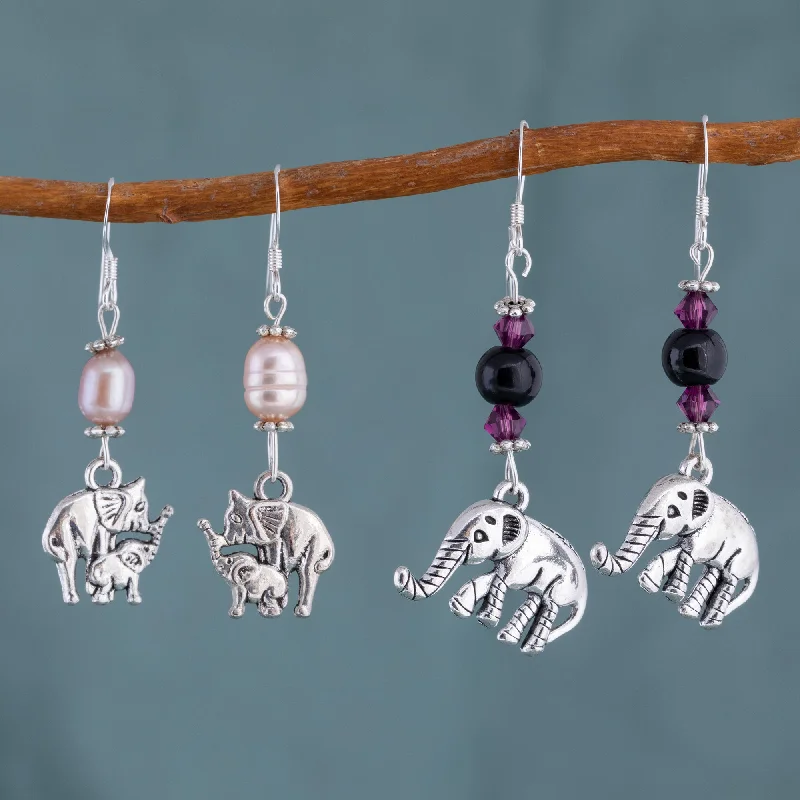 Hoop earrings with polished silver finish for a shiny, modern appeal-Sweet Elephants Dangling Earrings & Stones