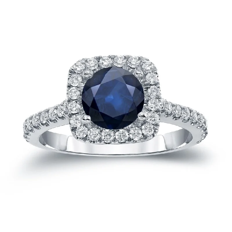 Engagement rings with cushion halo of garnet -Auriya 14k Gold 1ct Blue Sapphire Halo Diamond Engagement Ring 2/5cttw