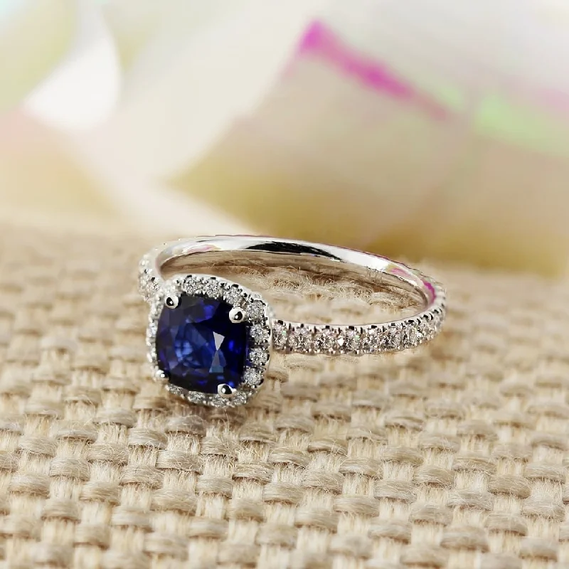 Engagement rings with vintage oxidized gold finish -Auriya 14k Gold 1ct Cushion-cut Blue Sapphire Halo Diamond Engagement Ring 1/2ctw