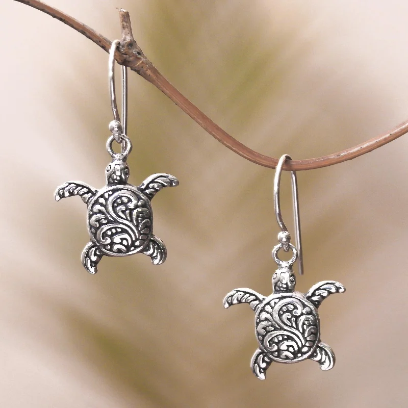 Small hoop earrings for a delicate and understated everyday wear-Baby Turtles Sterling Silver Sea Turtle Dangle Earrings from Bali