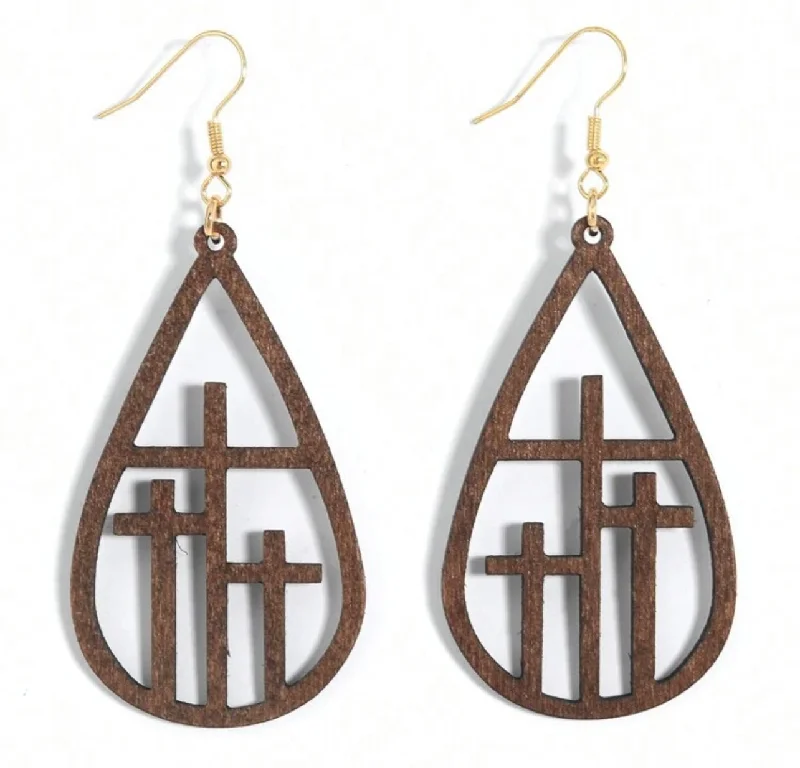 Hoop earrings with twisted metal designs for a dynamic and modern style-Beautiful Cross at Calvary Wood Earrings