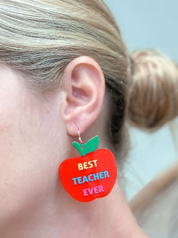 Best hoop earrings with oval shapes for a unique and elongated design-'Best Teacher Ever' Apple Dangle Earrings