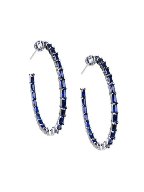 Best hoop earrings with intricate beaded details for a textured, stylish appearance-Blue Sapphire Baguette Inside Out Hoop Earrings