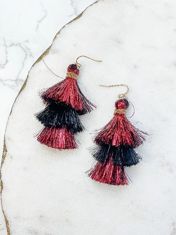 Large hoop earrings for a bold and statement-making fashion accessory-Tinsel Tiered Tassel Earrings - Burgundy & Black