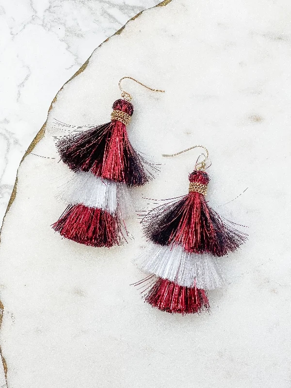 Hoop earrings with infinity loop designs for a continuous and eternal shape-Tinsel  Tiered Tassel Earrings - Burgundy & White