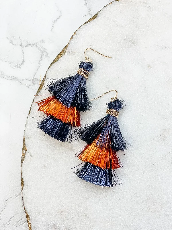 Best hoop earrings with asymmetrical designs for a fashion-forward, avant-garde look-Tinsel Tiered Tassel Earrings - Navy & Orange