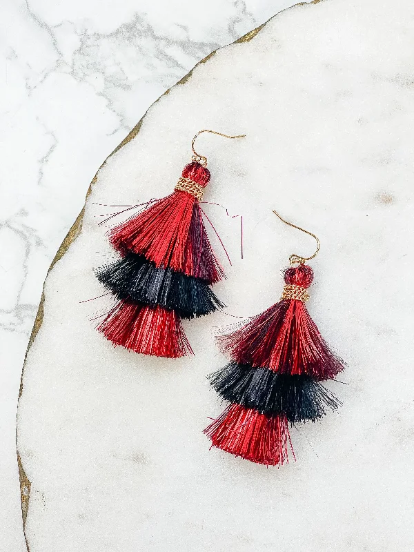 Classic hoop earrings with a thin profile for a sleek and subtle style-Tinsel Tiered Tassel Earrings - Red & Black