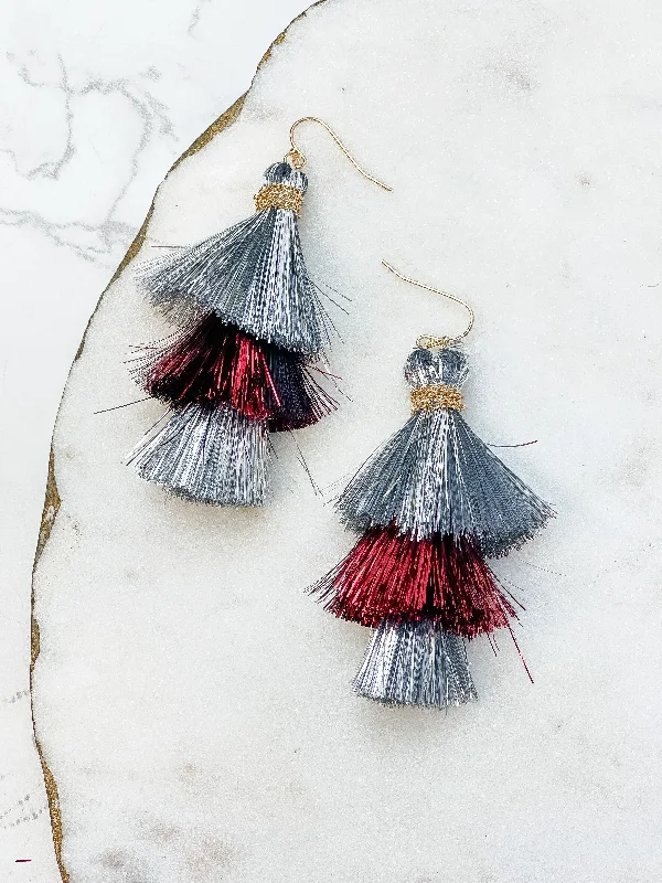 Best hoop earrings with vintage rhinestone embellishments for a retro-glam effect-Tinsel Tiered Tassel Earrings - Silver & Burgundy