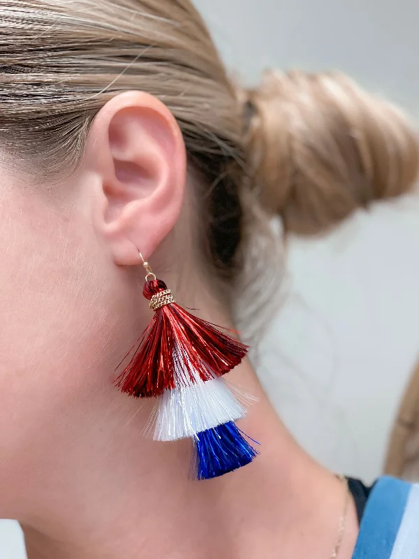 Best hoop earrings with detachable studs for a versatile and adjustable accessory-Patriotic Tinsel Tiered Tassel Earrings