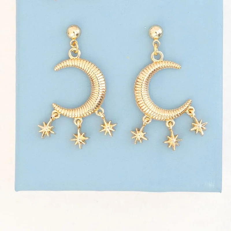 Hoop earrings with open designs for a modern, lighthearted vibe-Crescent Moon Star Ball Post Dangle Earring Celestial