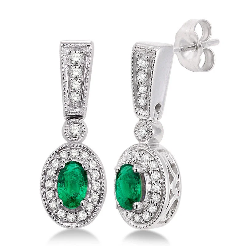 Hoop earrings with textured gold for a refined and sophisticated aesthetic-Diamond & Oval Emerald Earrings