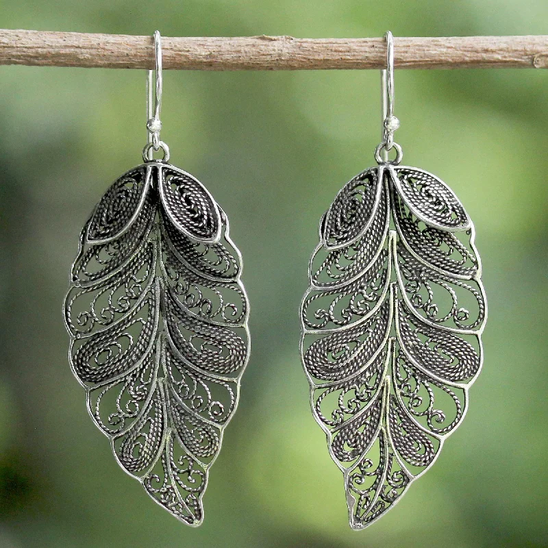 Hoop earrings with diamond-cut surfaces for added sparkle and shine-Feathered Leaves Sterling Silver Dangle Earrings