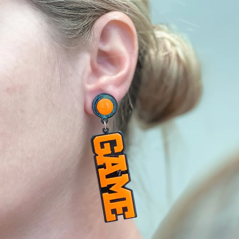 Hoop earrings with multi-tone finishes for a colorful and layered effect-'Game Day' Statement Dangle Earrings - Black & Orange