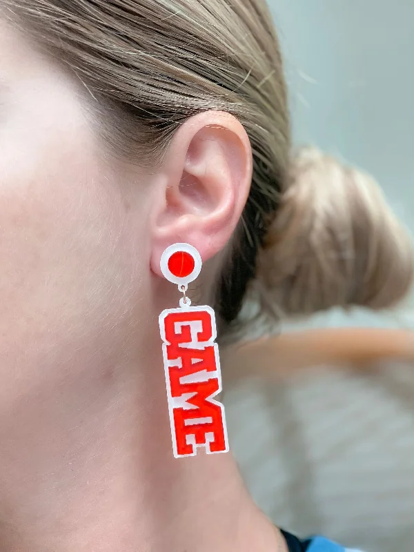 Hoop earrings with rhinestone embellishments for a glamorous and sparkling look-'Game Day' Statement Dangle Earrings - Red & White