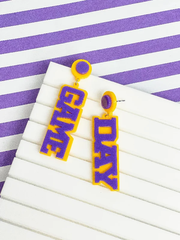 Best hoop earrings with lever-back closures for secure and easy wear-'Game Day' Statement Dangle Earrings - Yellow & Purple