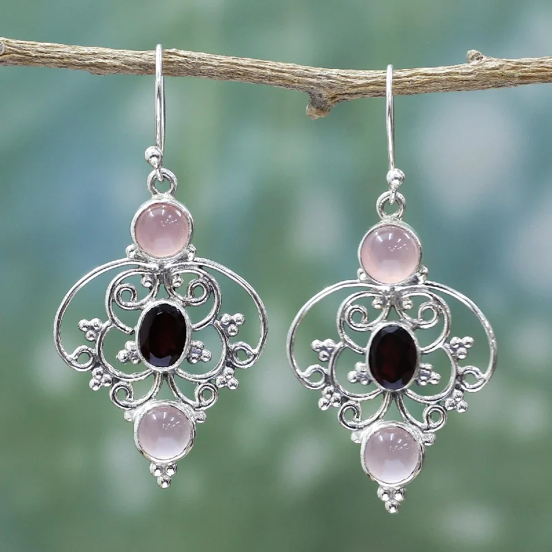 Hoop earrings with leather accents for a sleek and bold combination-Glistening Jaipur Sterling Silver Garnet Chalcedony Dangle Earrings from India