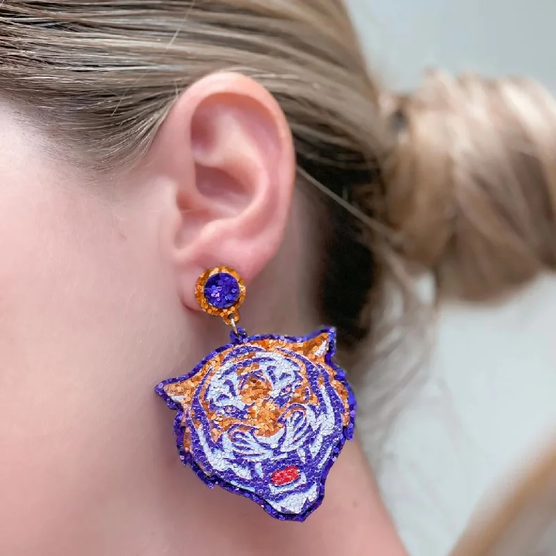 Best hoop earrings with braided leather for a rustic, stylish finish-Glitter College Football Tiger Earrings - Orange & Purple