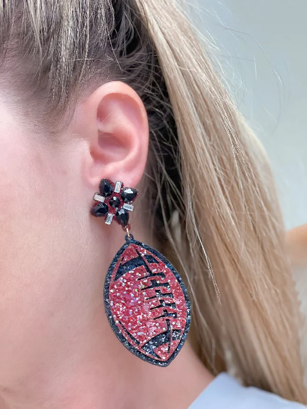 Hoop earrings with dangling charms for a playful and fun look-Glitter & Rhinestone College Football Dangle Earrings - Burgundy & Black