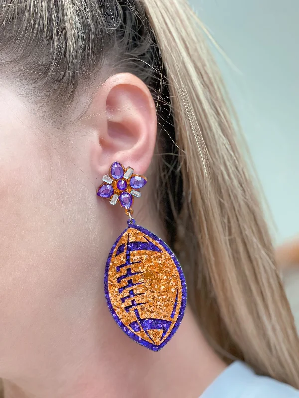 Best hoop earrings with cubic zirconia for a budget-friendly, dazzling look-Glitter & Rhinestone College Football Dangle Earrings - Orange & Purple