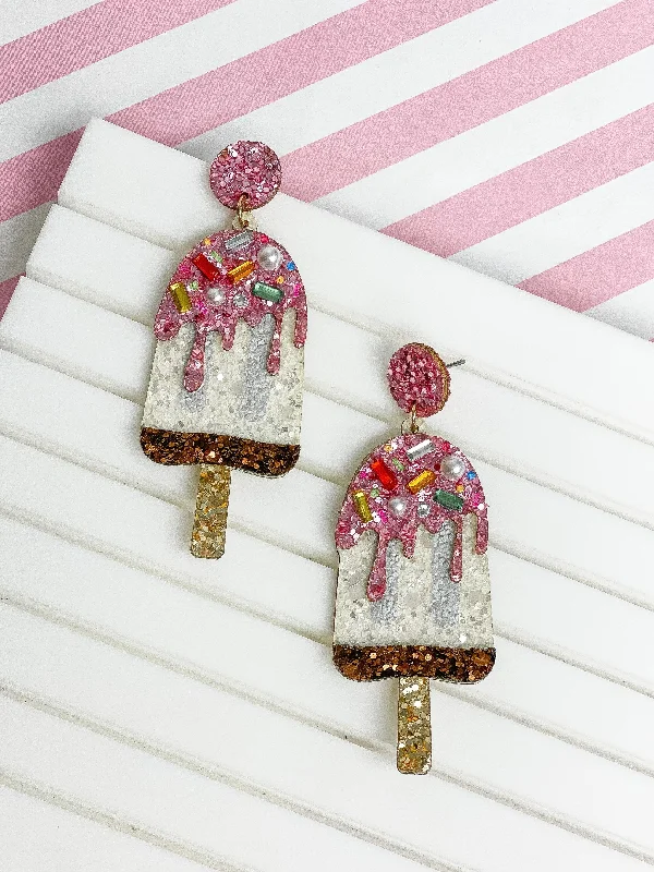 Best hoop earrings with vintage rhinestone embellishments for a retro-glam effect-Glitter & Rhinestone Popsicle Dangle Earrings - Strawberry