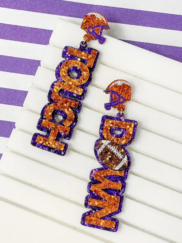 Best hoop earrings with vintage-style detailing for a nostalgic and timeless look-Glitter 'Touch Down' Football Dangle Earrings - Orange & Purple