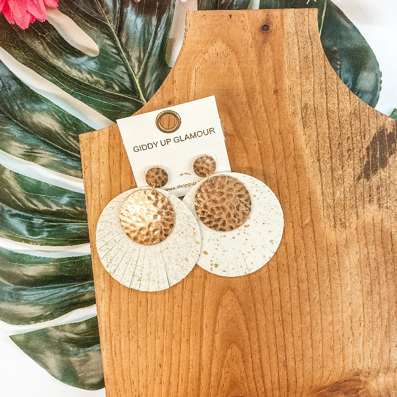 Small hoop earrings for a delicate and understated everyday wear-Gold Hammered and Leather Fringe Circle Statement Earrings in Ivory