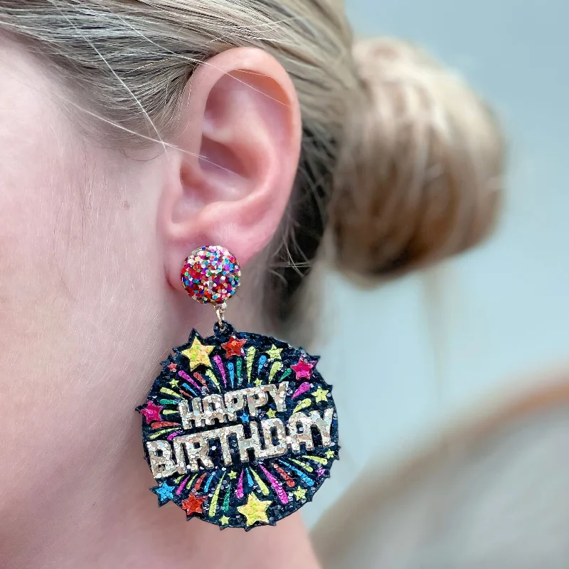 Best hoop earrings with enamel details for a colorful and modern look-'Happy Birthday' Fireworks Glitter Dangle Earrings