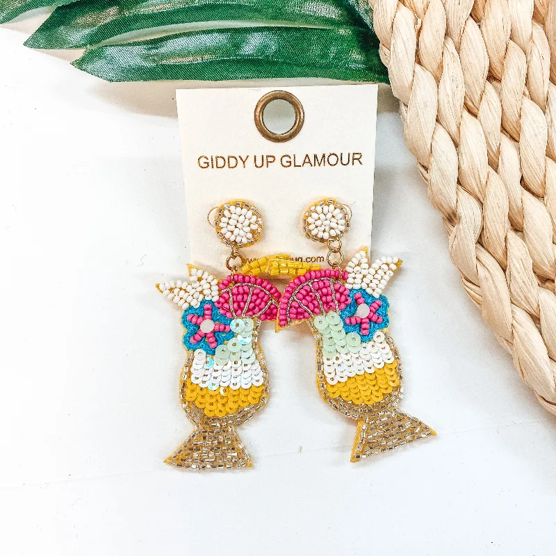 Hoop earrings with textured gold for a refined and sophisticated aesthetic-Cheers To Summer Seed Bead Cocktail Earrings in Yellow and White