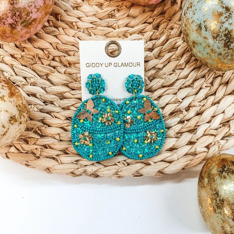 Best hoop earrings with custom engravings for a personalized and meaningful gift-Hoppy Easter Sequin Beaded Easter Egg Earrings in Turquoise