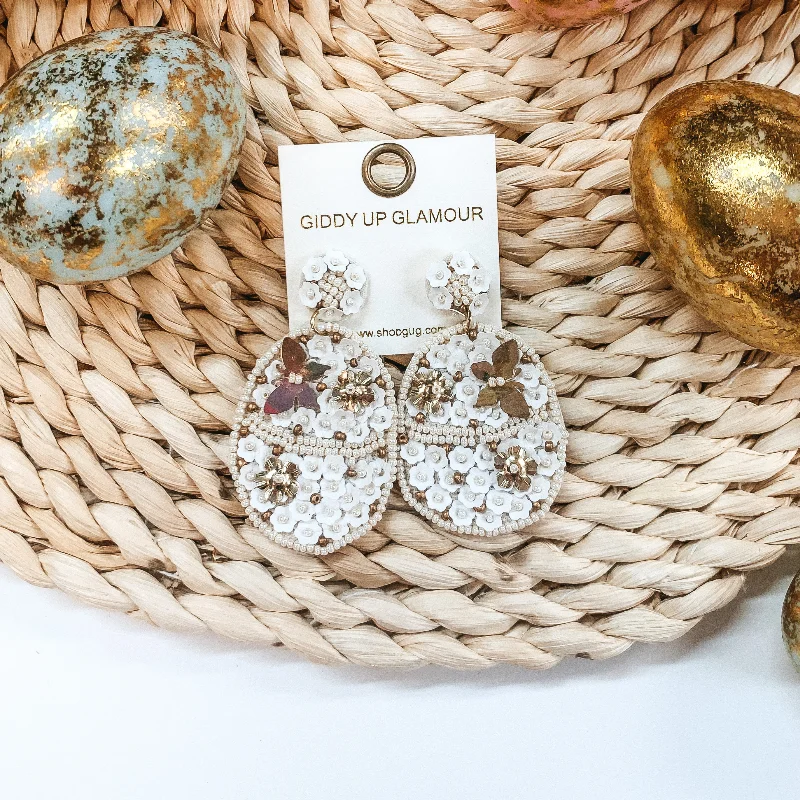 Best hoop earrings with sterling silver for an affordable and chic design-Hoppy Easter Sequin Beaded Easter Egg Earrings in White