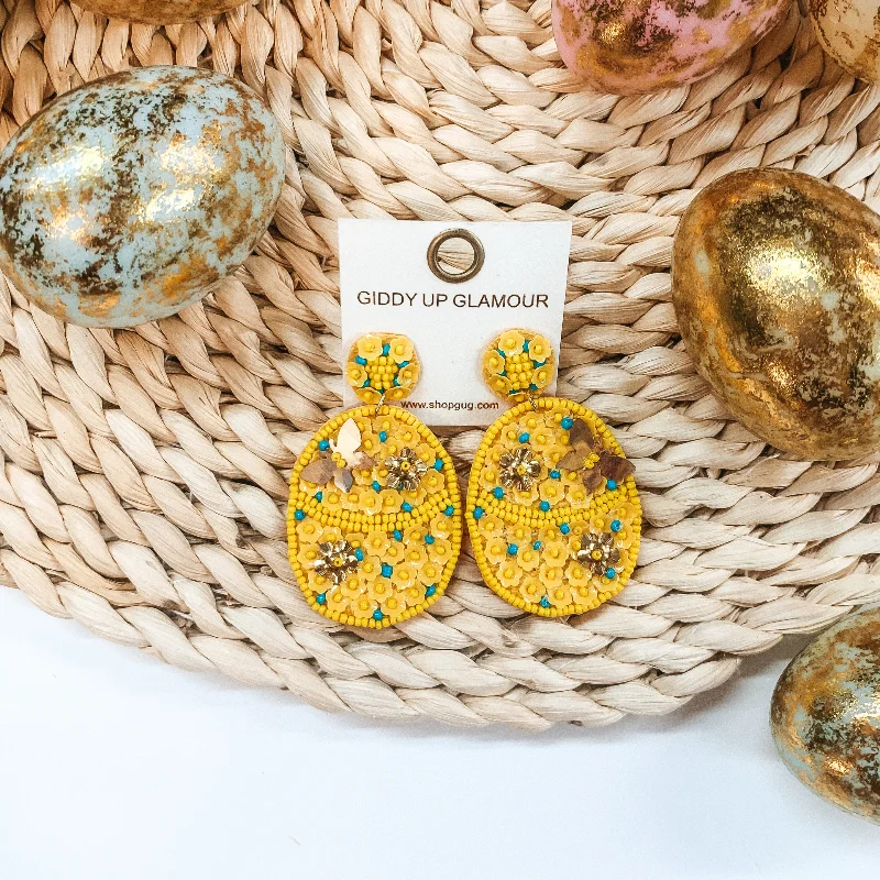 Hoop earrings with pearl accents for a chic and classic style-Hoppy Easter Sequin Beaded Easter Egg Earrings in Yellow