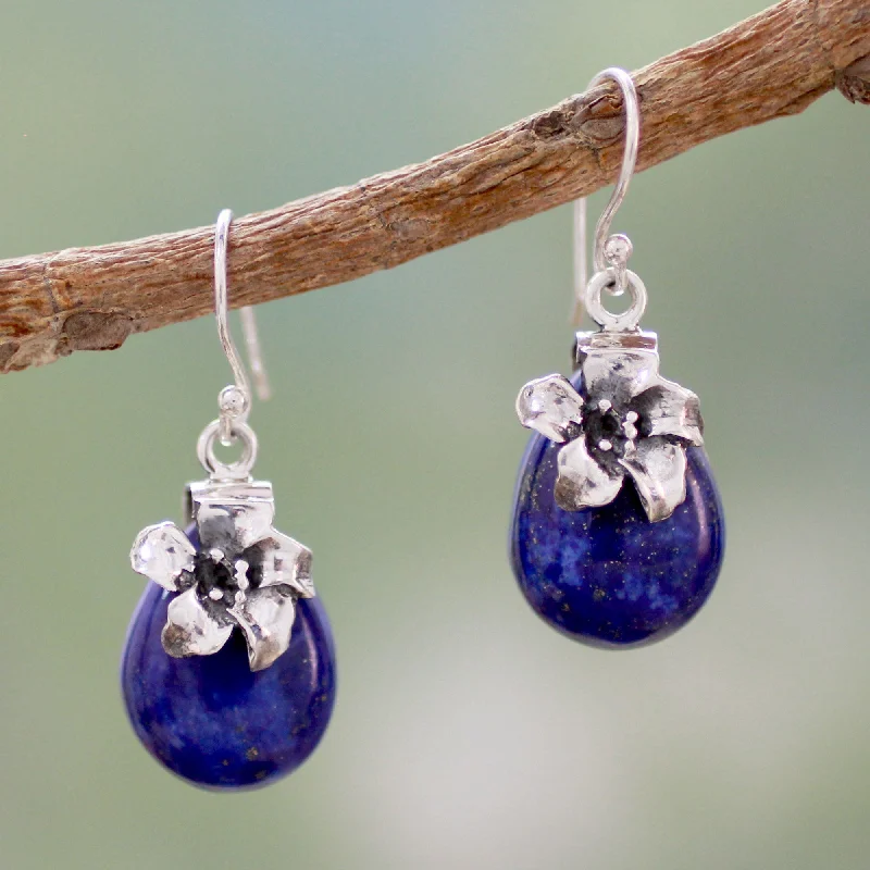 Best hoop earrings with oval shapes for a unique and elongated design-Lovely Lily Lapis Lazuli & Silver Floral Earrings