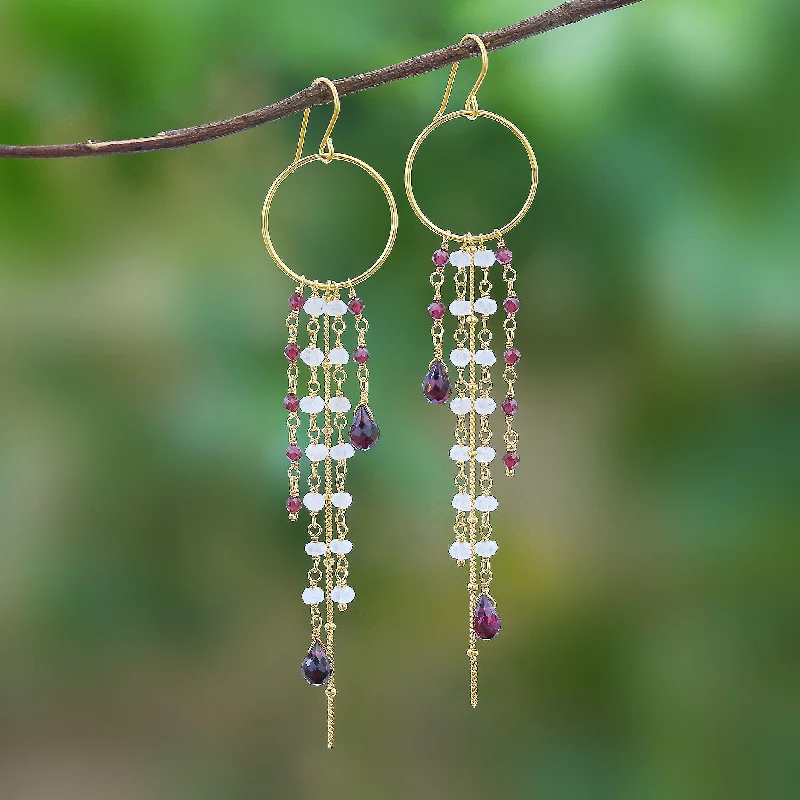 Small hoop earrings for a delicate and understated everyday wear-Luxurious Rain Gold Plated Garnet and Rainbow Moonstone Waterfall Earrings