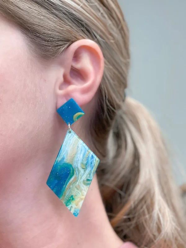 Best hoop earrings with minimal embellishments for a sleek and modern look-Marbled Angular Geometric Dangle Earrings - Blue