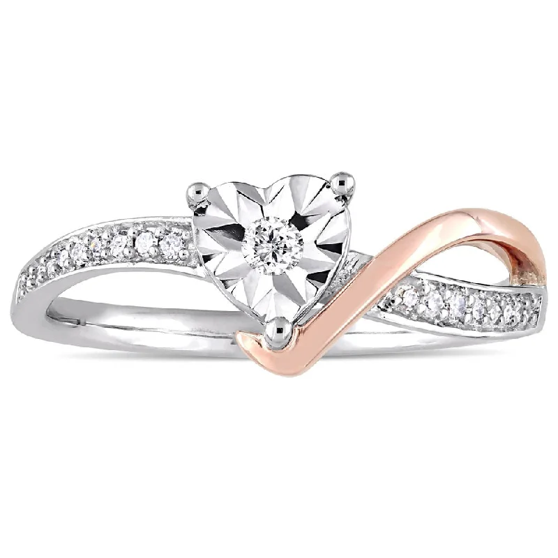 Engagement rings with pave-set turquoise accents -Miadora 10k 2-Tone White and Rose Gold 1/10ct TDW Diamond Heart-Shaped Crossover Engagement Ring