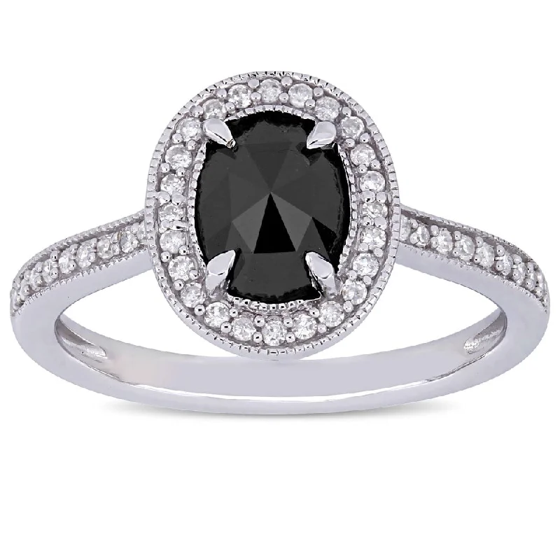 Engagement rings with spiral onyx for edge -Miadora 10k White Gold 1 1/6ct TDW Black and White Diamond Oval Halo Engagement Ring