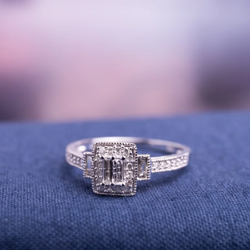 Engagement rings with pave-set turquoise accents -Miadora 10k White Gold 1/3ct TDW Baguette Diamond Halo Engagement Ring