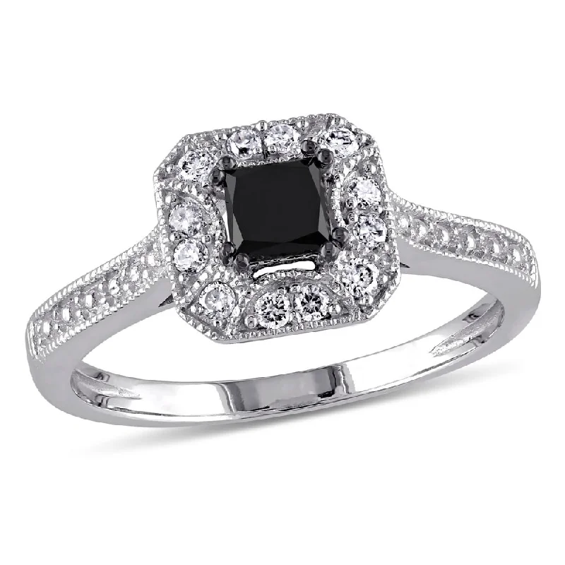 Engagement rings with heart-shaped garnet for love -Miadora 10k White Gold 3/5ct TDW Black and White Princess-Cut Diamond Square Halo Engagement Ring