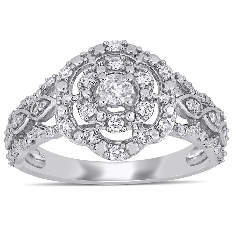 Engagement rings with pearl accents for elegance -Miadora 10k White Gold 3/8ct TDW Diamond Floral Halo Engagement Ring