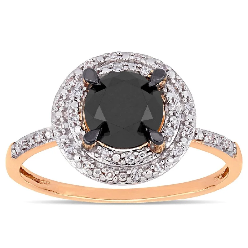 Engagement rings with gothic black diamond stones -Miadora 14k Rose Gold 1 5/8ct TDW Black and White Diamond Double Halo Engagement Ring