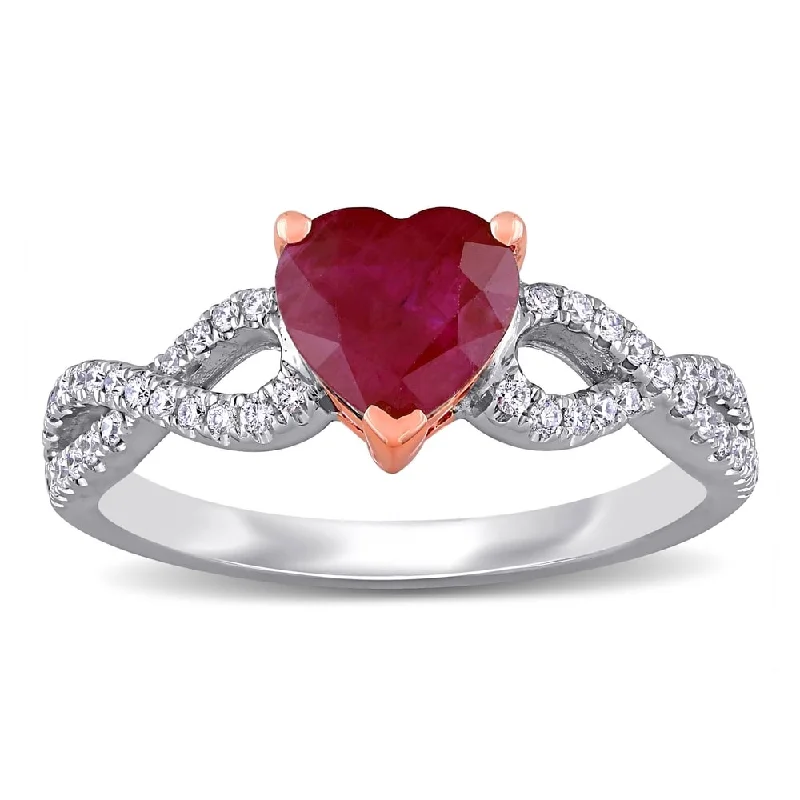 Engagement rings with twisted bands and diamonds -Miadora 14k White and Rose Gold Heart-Cut Ruby and 1/4ct TDW Diamond Infinity Engagement Ring