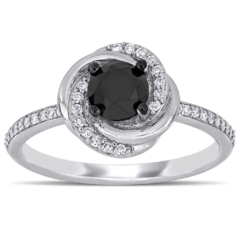 Engagement rings with cushion halo of garnet -Miadora 14k White Gold 1 1/10ct TDW Black and White Diamond Swirl Halo Engagement Ring