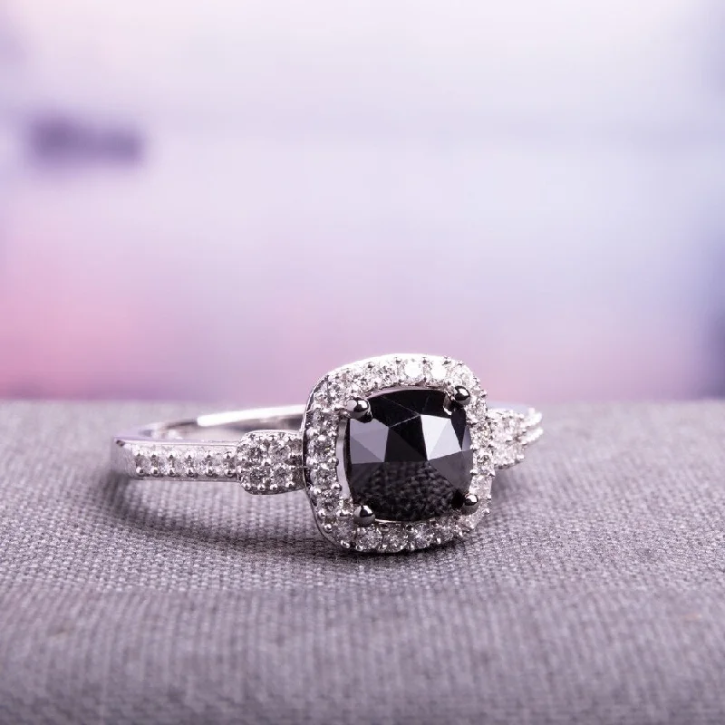 Engagement rings with engraved initials inside bands -Miadora 14k White Gold 1ct TDW Cushion-cut Black and White Diamond Halo Engagement Ring