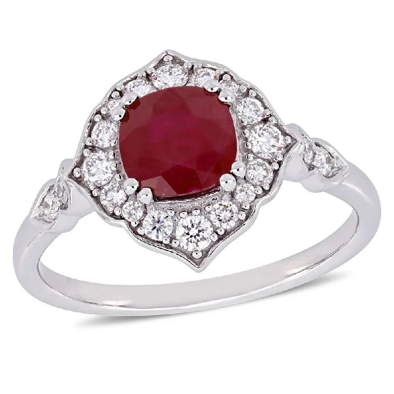 Engagement rings with two-tone sapphire bands -Miadora 14k White gold Ruby and 1/3ct TDW Diamond Halo Engagement Ring