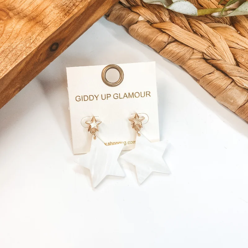 Hoop earrings with abstract wirework for an artistic, unique look-Mother of Pearl Gold Star Post Earrings in Ivory